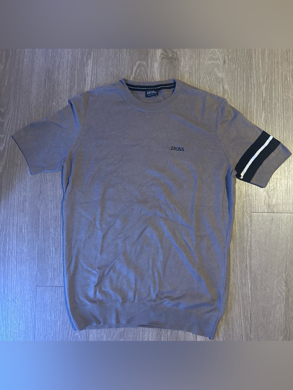 Zegna Short Sleeve Crewneck Tee in Brown with Arm Stripe